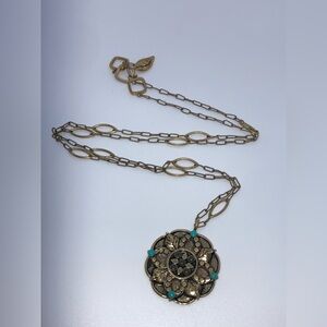 Rane Brass Enamel Floral Circle Pendant Long Chain Leaf Toggle Clasp 32” + 1.7”